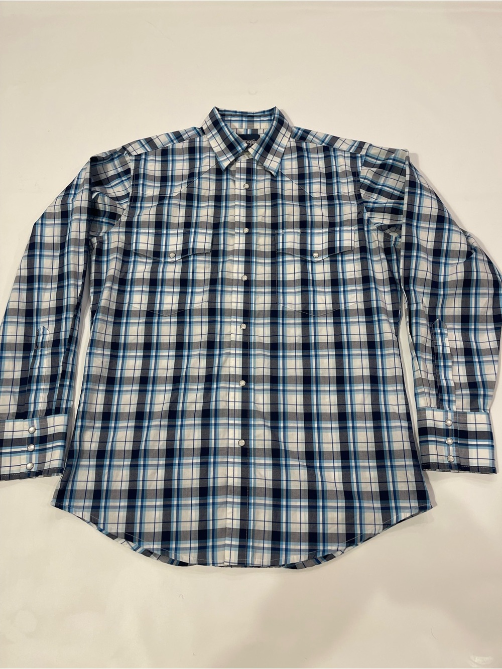 Wrangler Men's Small Blue White Gray Plaid Woven Long Sleeve Button-Up . #0605